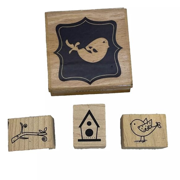 RUBBER STAMP Wood Block Lot Birds Birdhouse Twig 4 stamps Crafts Cards Scrapbo - Picture 1 of 10